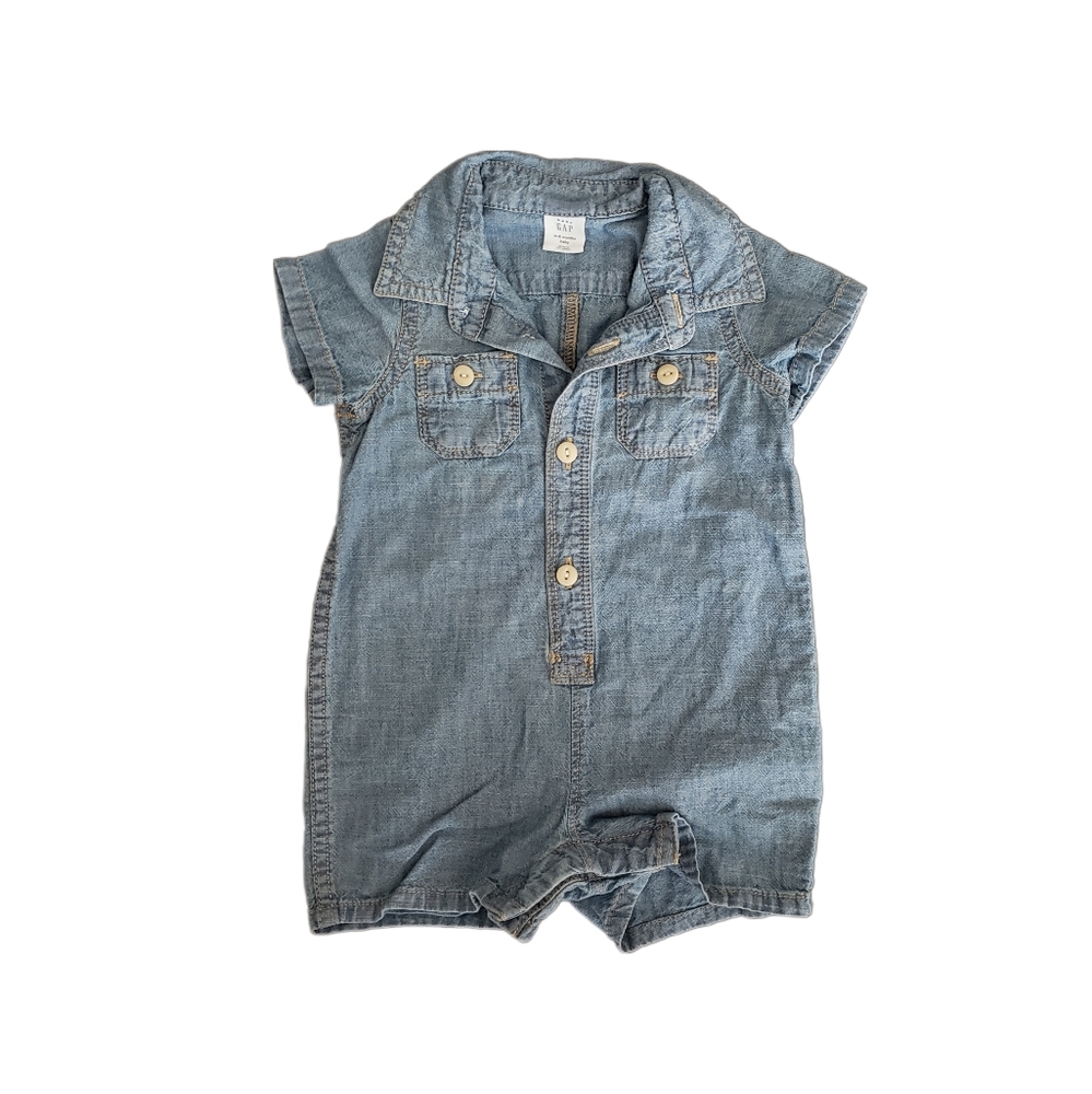 Baby Gap 3-6m Chambray Blue Denim Button Down Shirt Shortie Romper